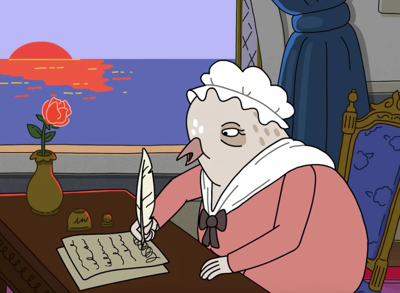 an elderly female bird sits at an open window at sunset, writing a letter with a quill