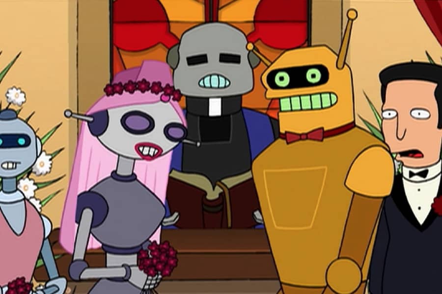 Monique and Calculon look shocked while at the altar to be married
