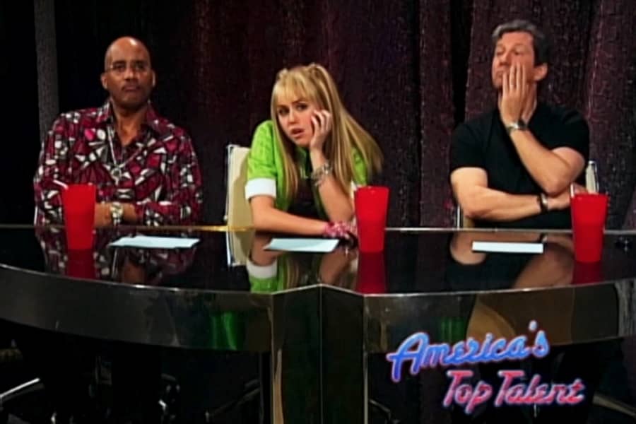 judges Andy, Byron, and guest judge Hannah Montana