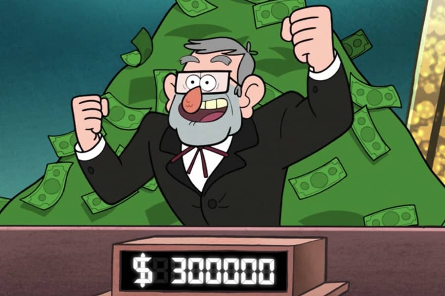Grunkle Stan excited in front of a huge pile of cash