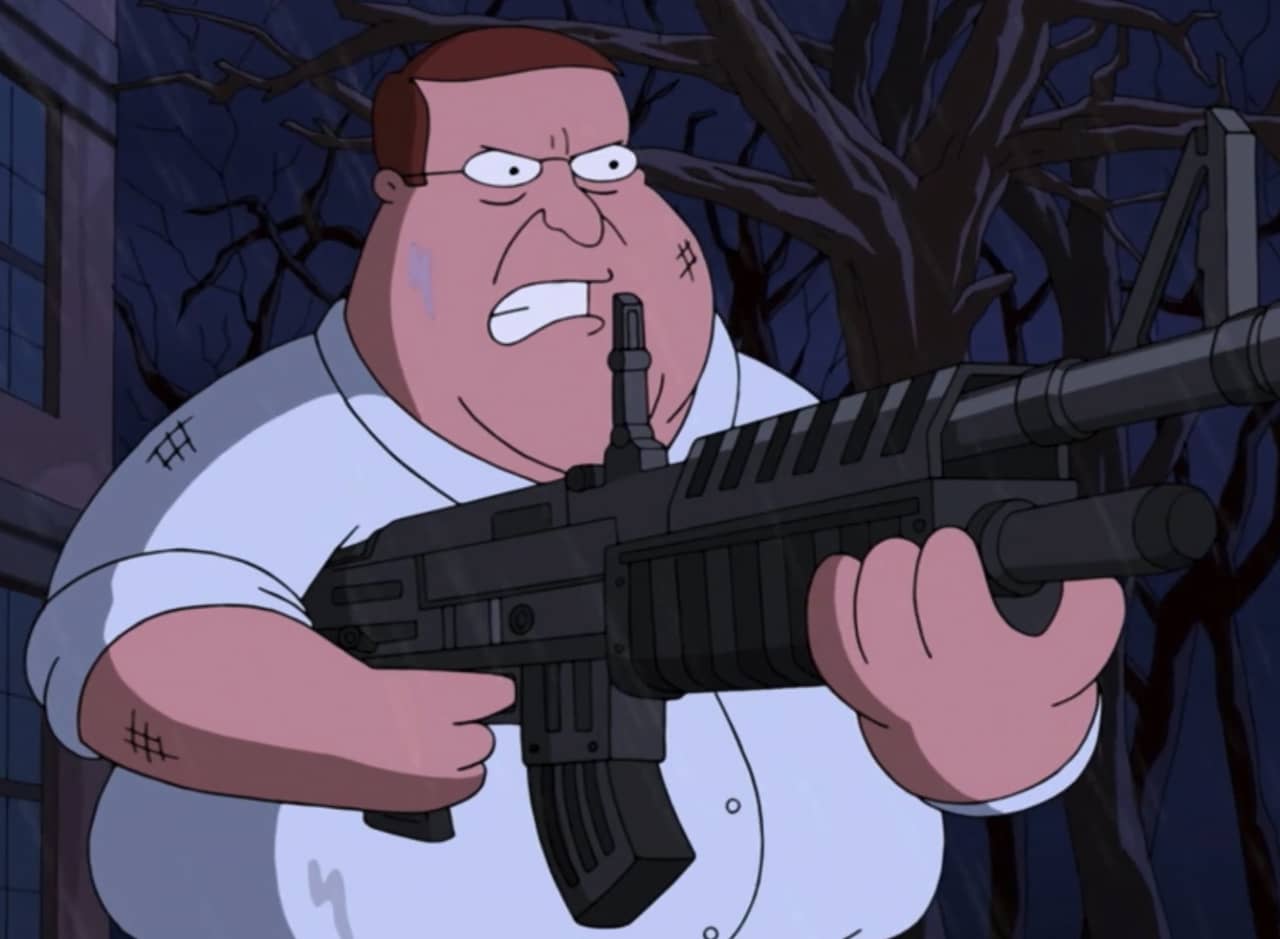 John Goodman as Peter Griffin holding a huge gun