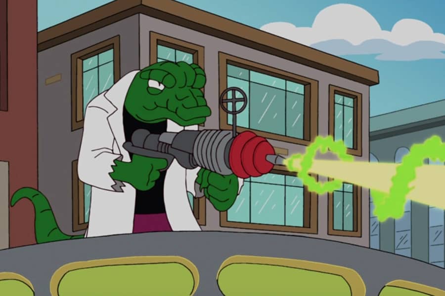 reptile villain shooting a laser