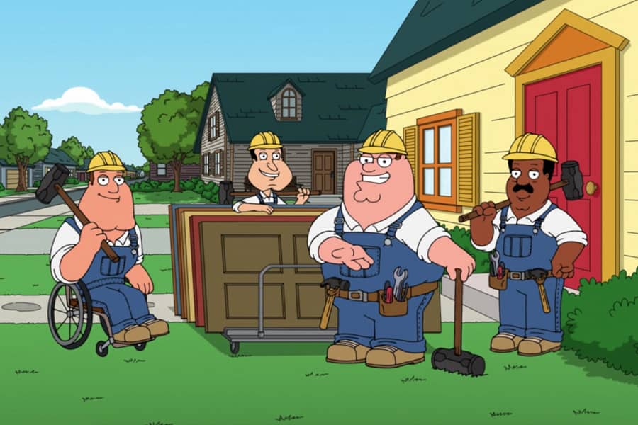 the gang next to a cart with five doors and they each have a sledge-hammer