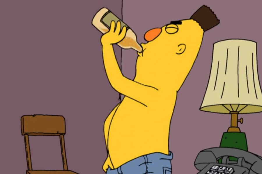 Bert puts on jeans and chugs the liquor bottle