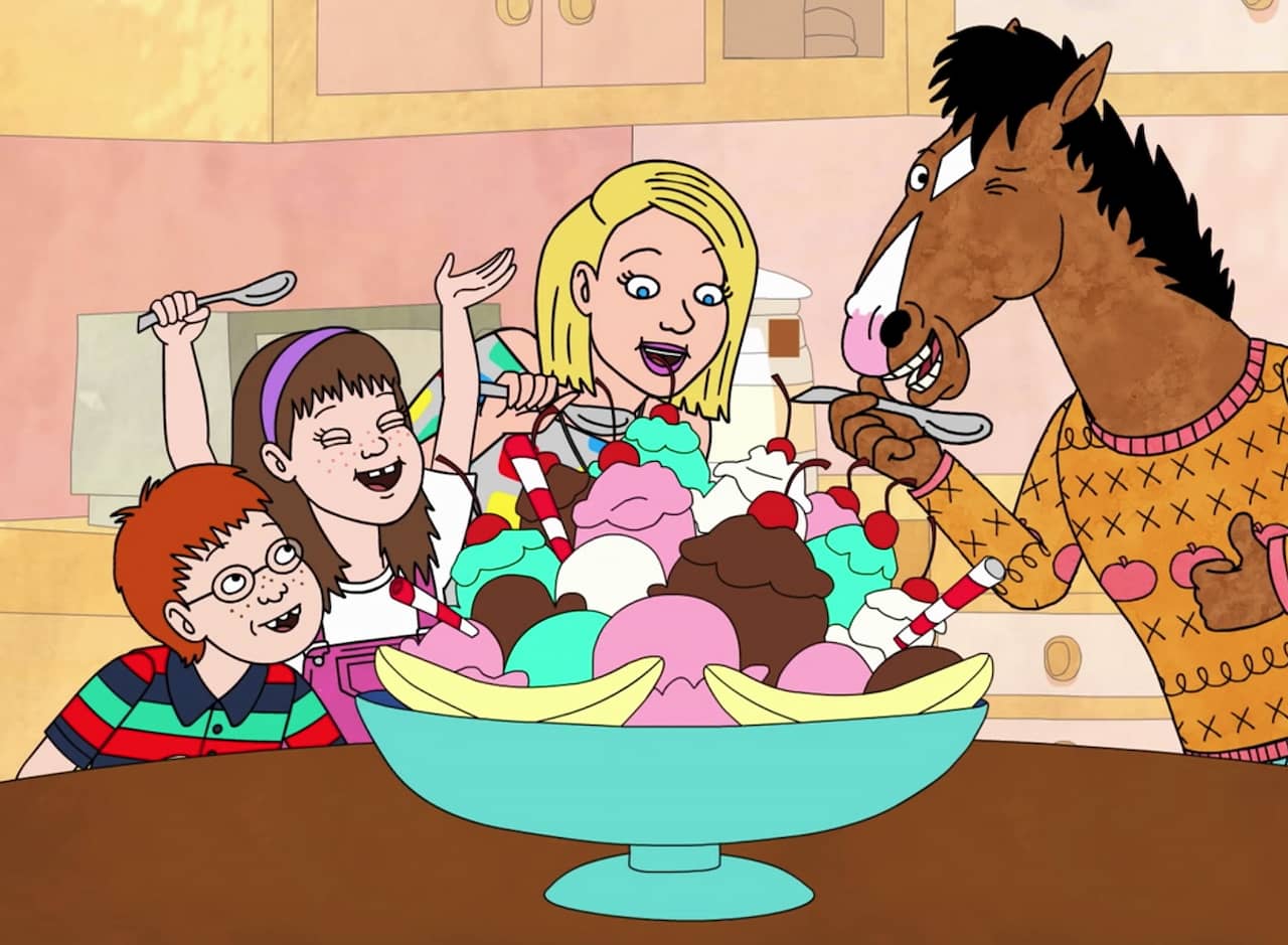 the Horse gives a thumbs up and three happy children eat a giant ice cream sundae