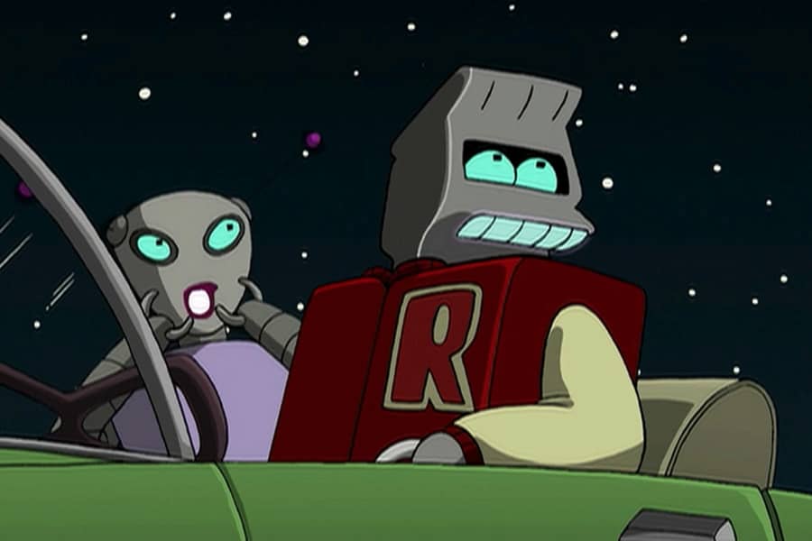 two frightened robot teens in a parked car