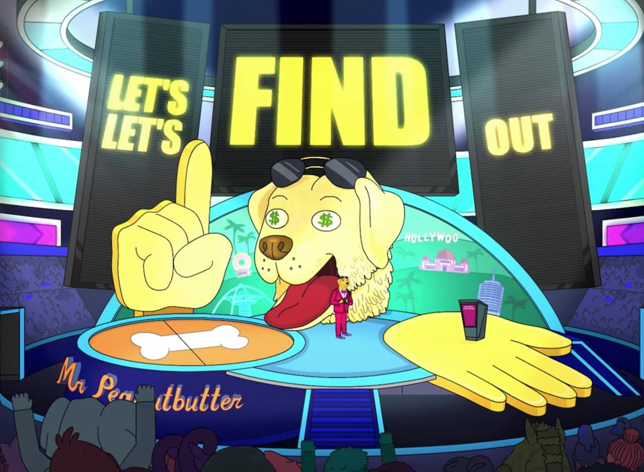 an obnoxious game show set with a giant golden retriever head (Mr. Peanutbutter) with dollar signs for eyes