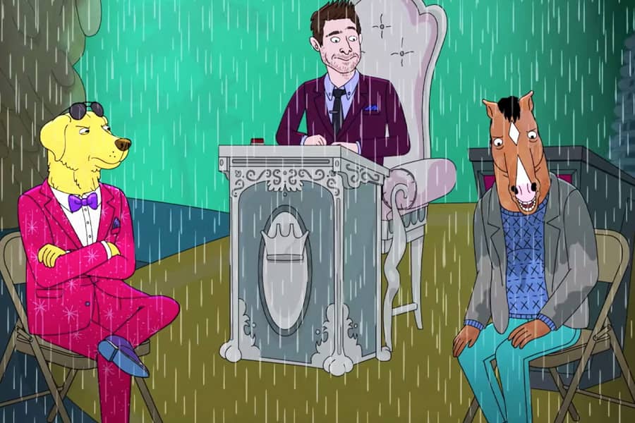 an upset Mr. Peanutbutter and BoJack Horseman sit and have a chat in the fake rain