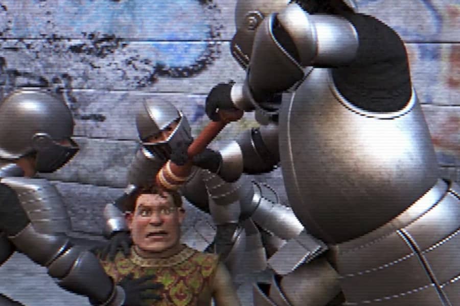 more knights hold down Shrek, still in human form, as another knight threatens him with a large pepper grinder