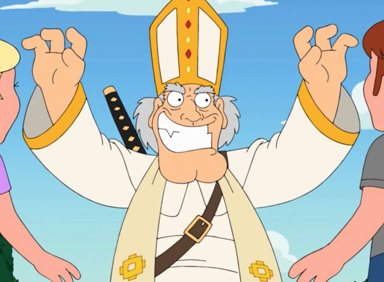 the Pope with a huge grin and samurai sword strapped to his back