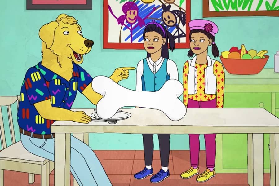 the girls give Mr. Peanutbutter a giant bone