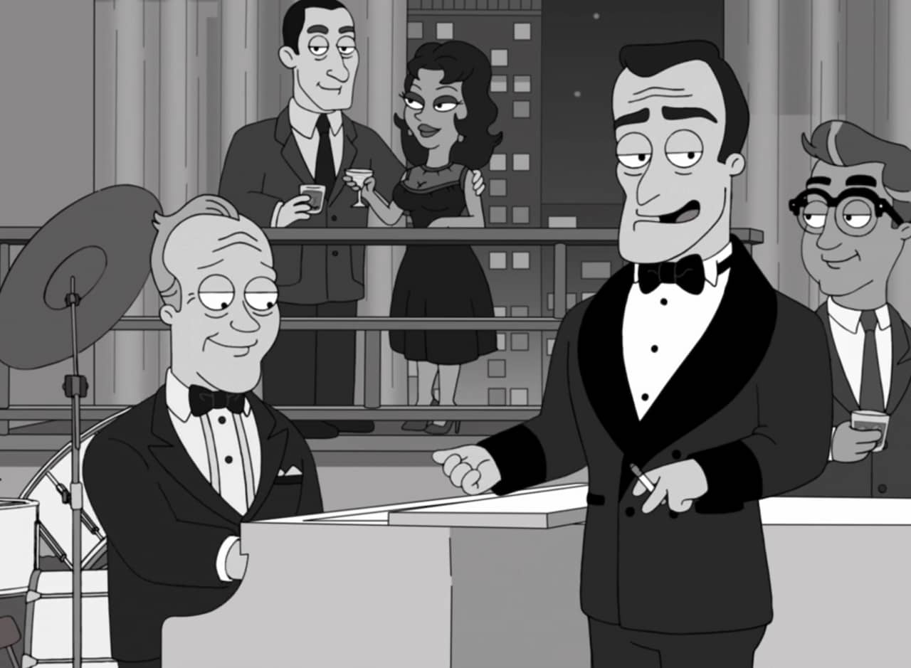 Alistair Covax in a tux holding a cigarette stands by Charlie at the piano