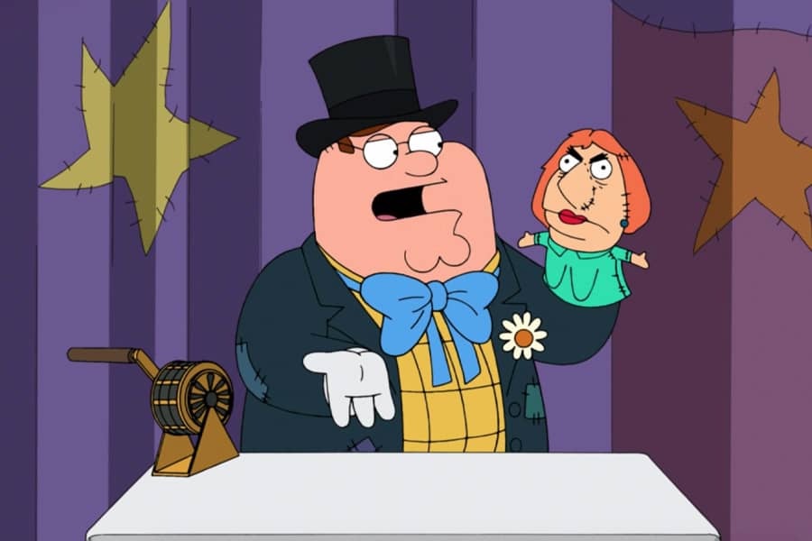 Peter talks to a hand puppet named Saggy Naggy that looks like his wife Lois