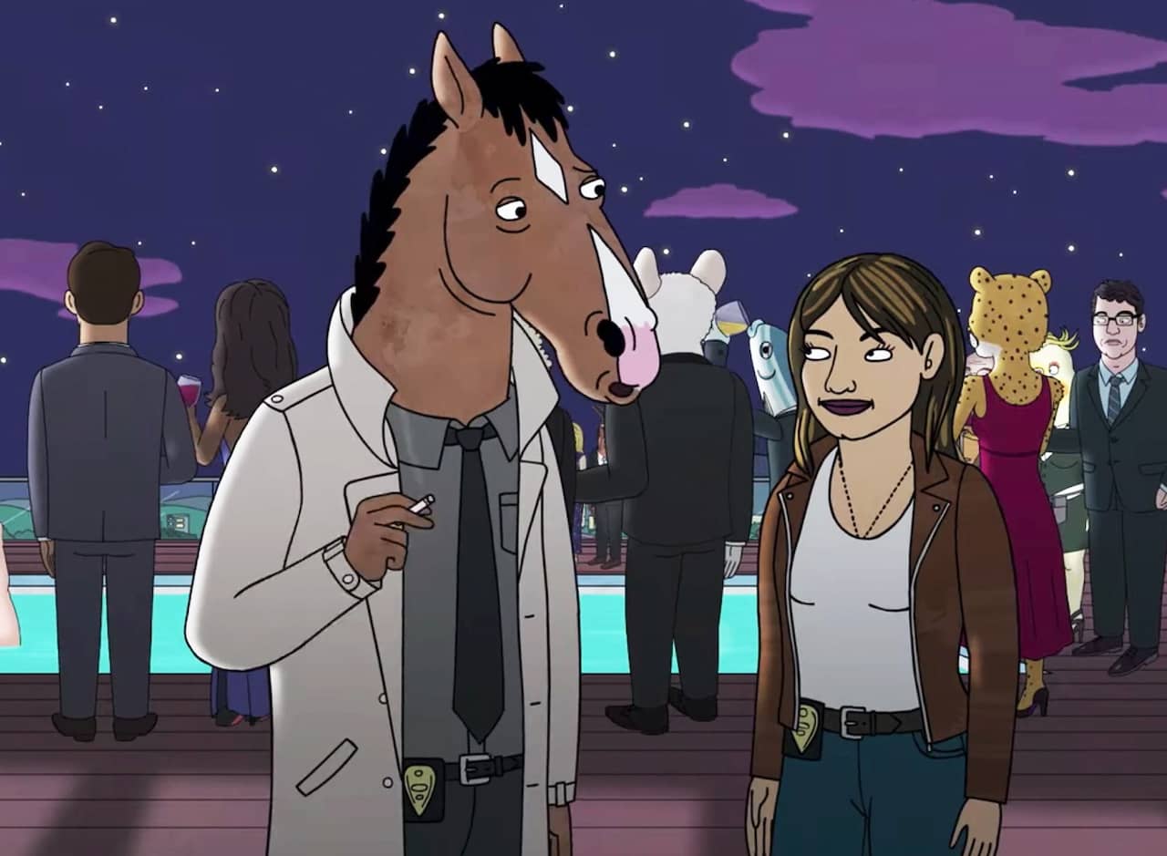 BoJack Horseman is Philbert, holding a cigarette and talking to Sassy Malone at a party