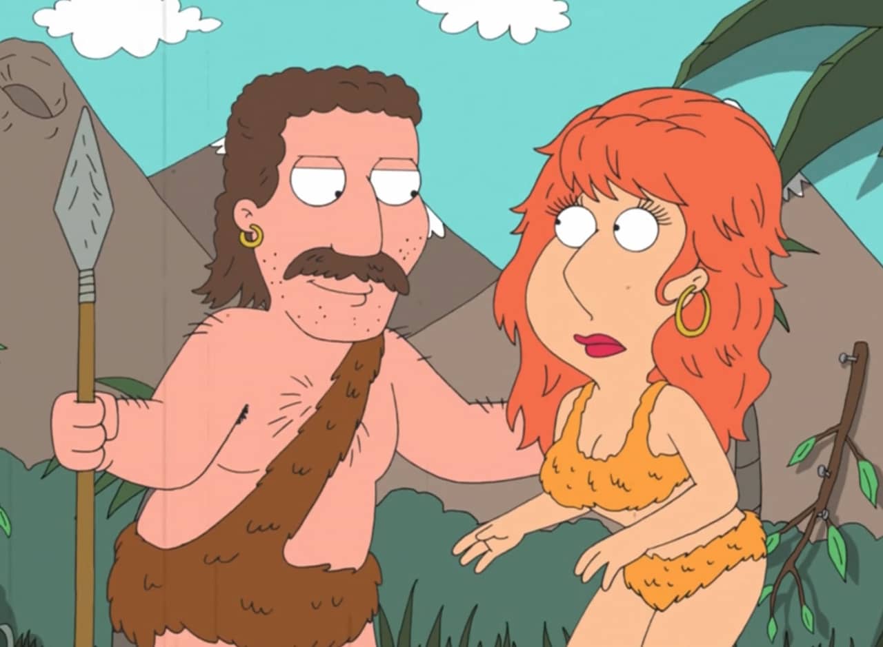 Lois Griffin and a male costar dressed as cave people