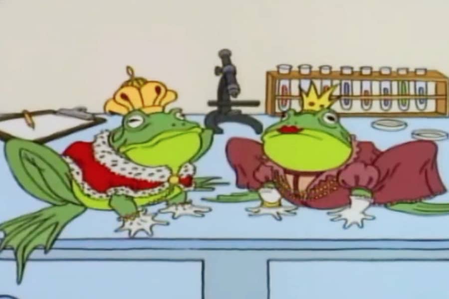 two frogs in king and queen attire on a science lab table