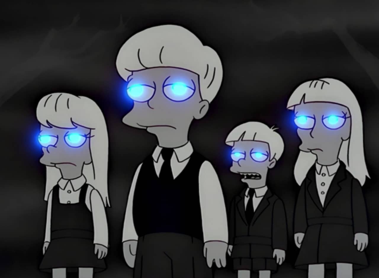 four creepy children with white hair and glowing blue eyes
