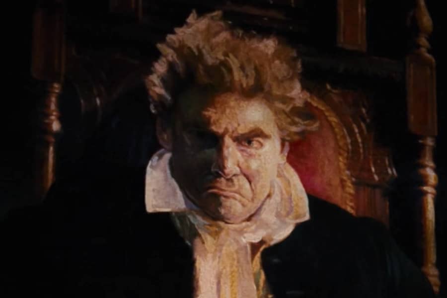 a menacing oil portrait of a man with wild hair