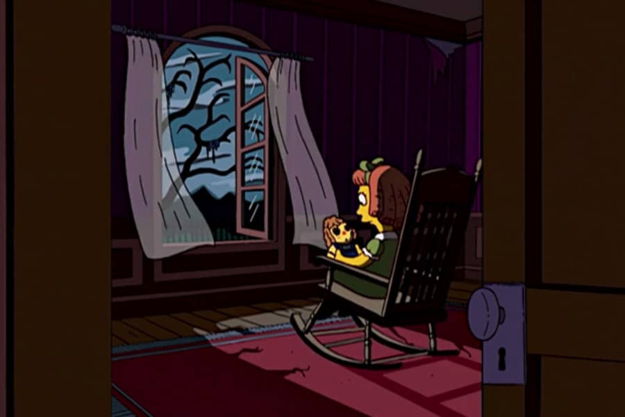 a young girl sits alone in a rocking chair in a dark room, only illuminated by the moonlight through a window