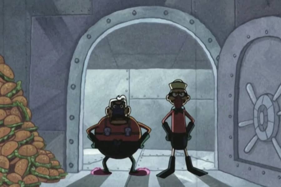 Mermaid Man and Barnacle Boy stand at the entrance of the vault
