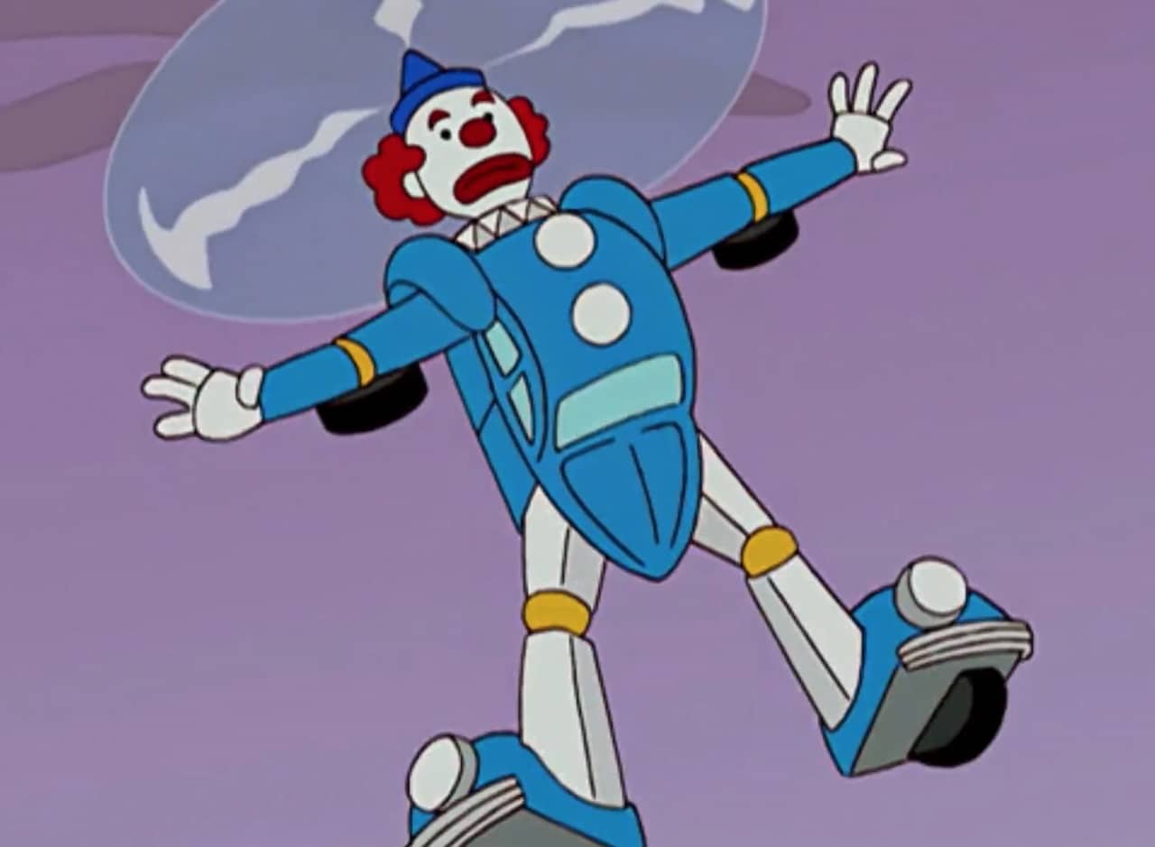 a flying clown robot with helicopter blades on his head