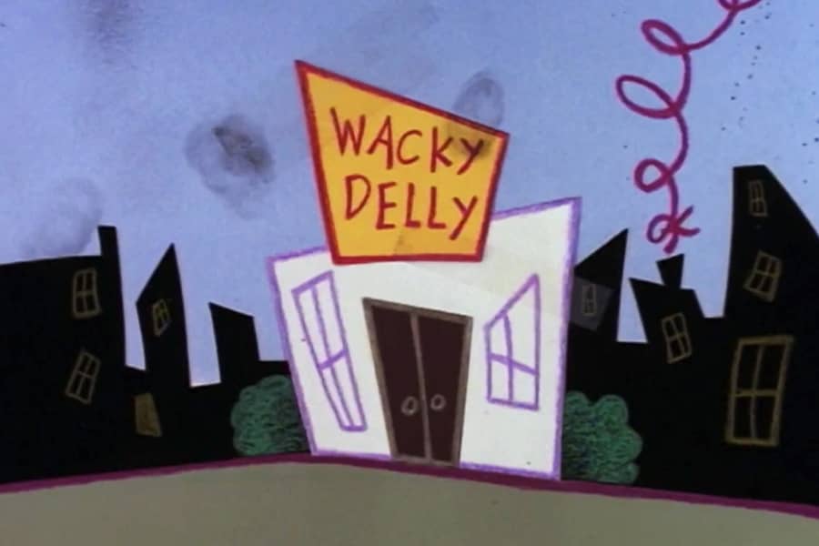 a crudely drawn store with sign “Wacky Delly”