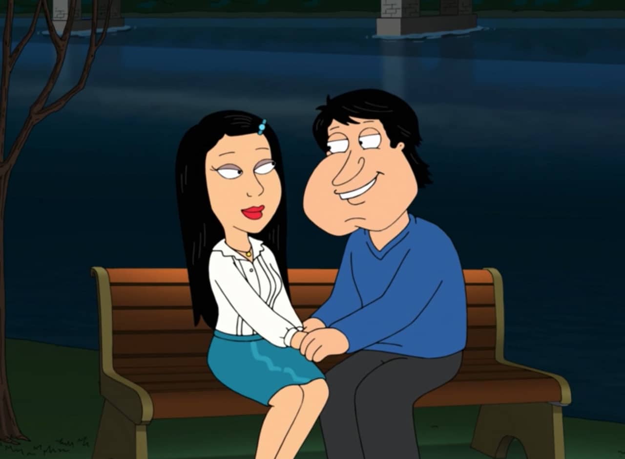 Glen Quagmire and Hee-Sun sitting on a bench holding hands