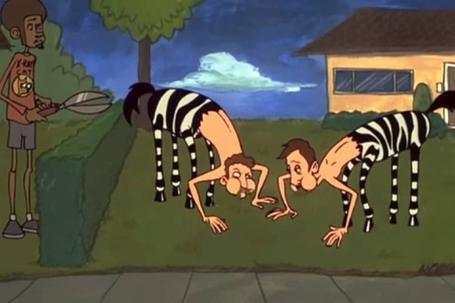 two of the zebra centaurs eating the lawn outside a house, a neighbor looks on confused