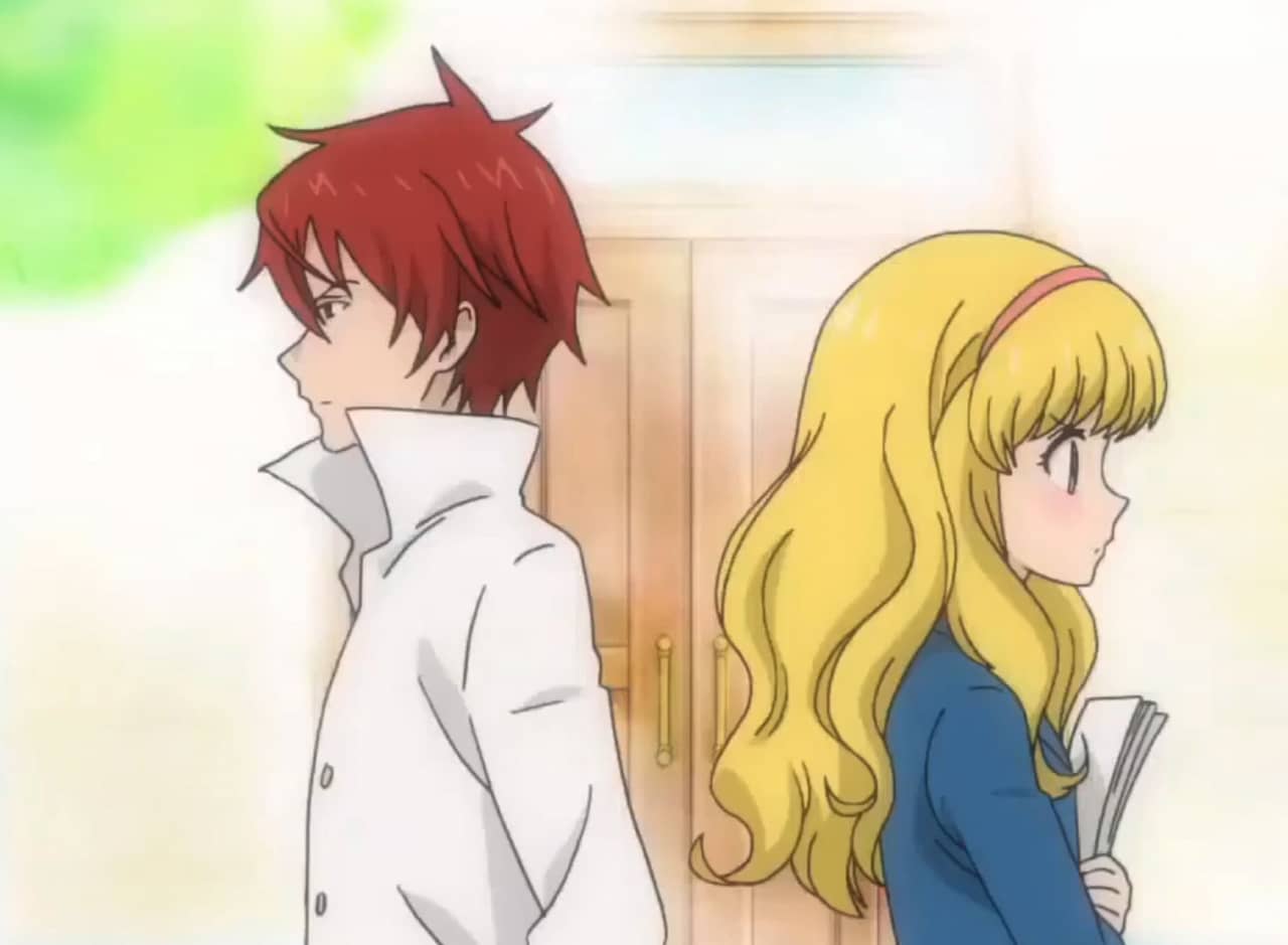 Ikeo, a red-haired boy, stands back-to-back with Kyunko, a blonde girl