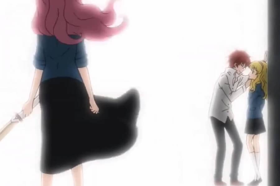 a purple-haired girl watches from a distance as Ikeo leans in toward Kyunko