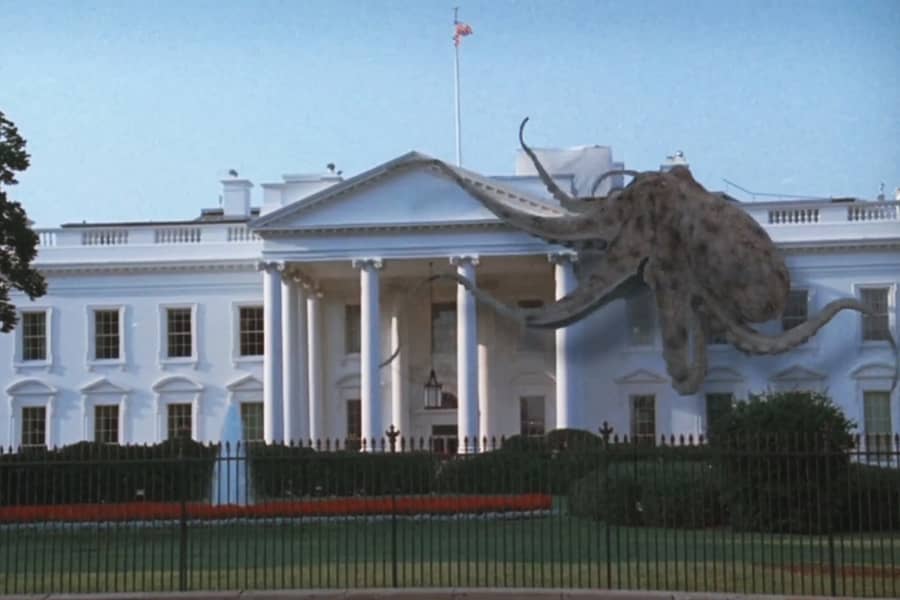a giant octopus climbs the White House