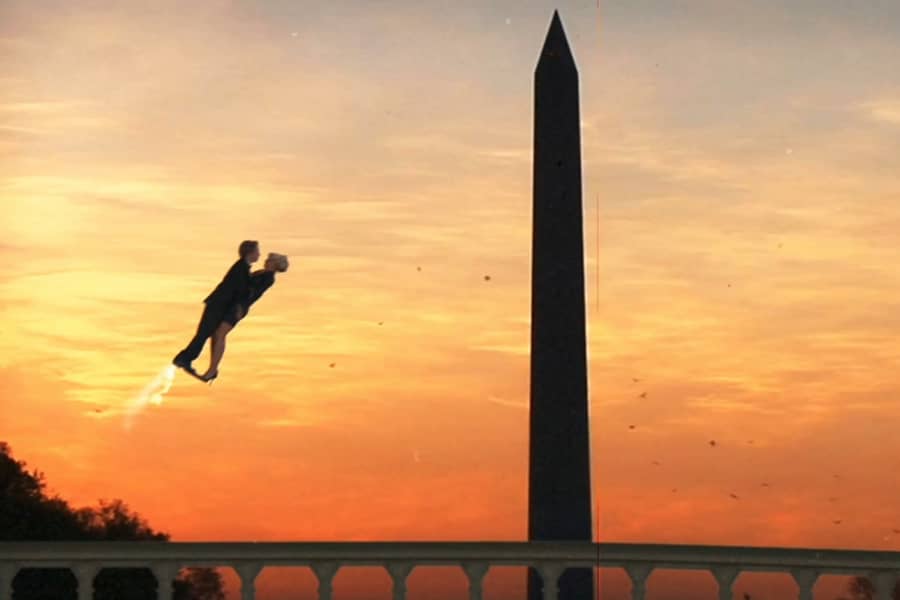 Zaks and Joy Turner fly away by the Washington Monument