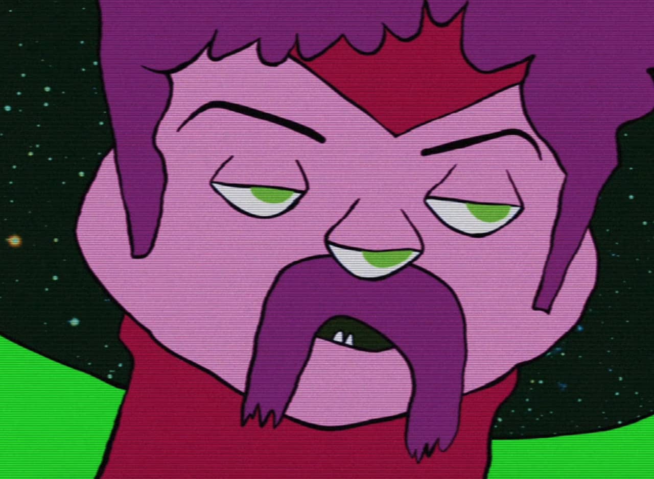 5 Zillion Man, with purple hair and mustache and three green eyes