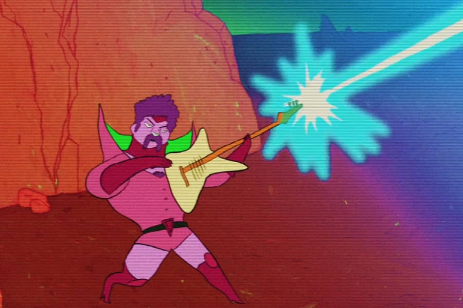 5 Zillion Man shooting a blue laser out of his guitar
