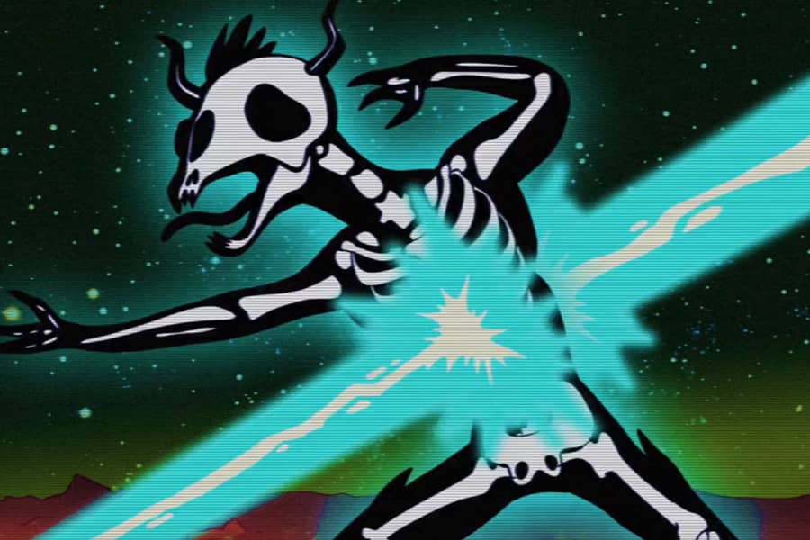 alien being shot with the laser and you can see its skeleton