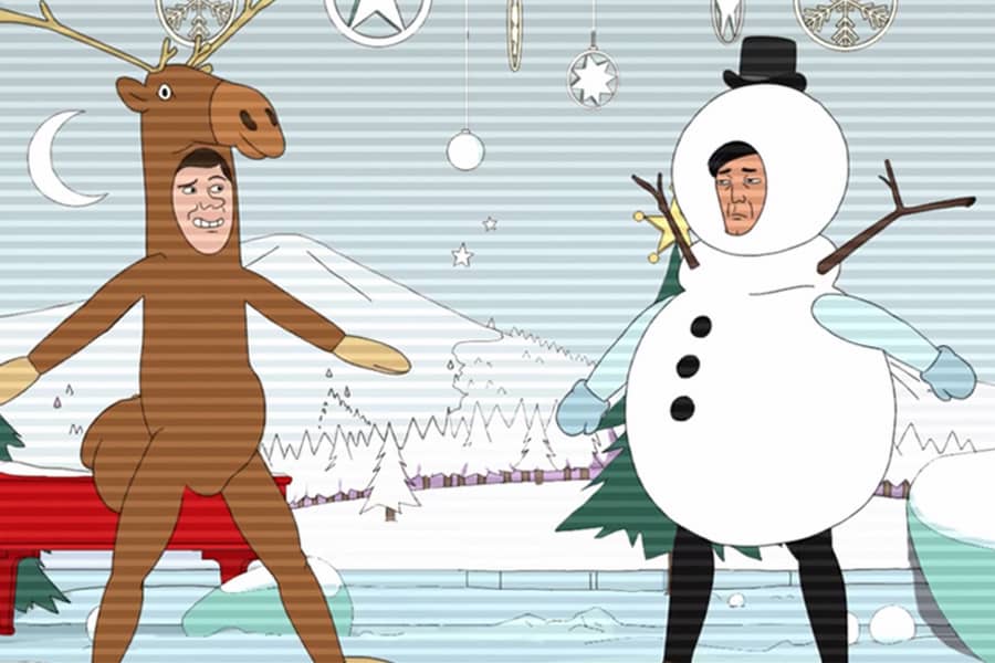 Rich Little, dressed as a reindeer, faces off with Harrison