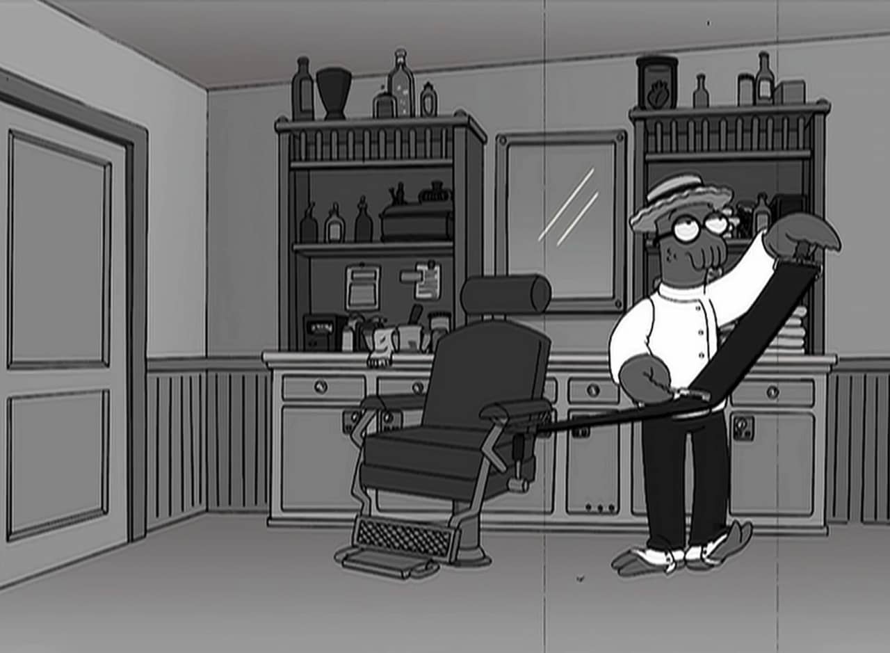 anthropomorphic lobster (Harold Zoid) in old-timey hat and glasses sharpens a razor in a barber shop