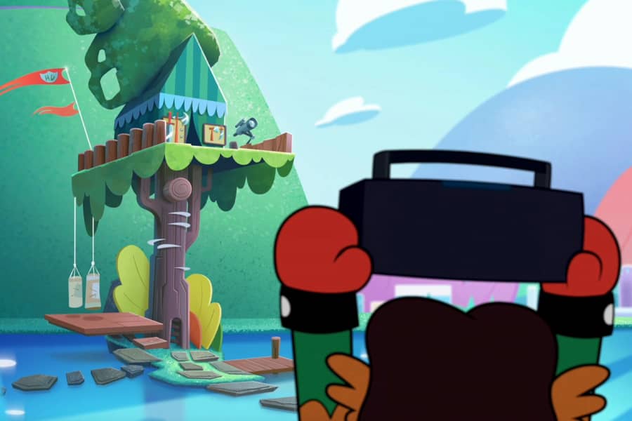 Hawkodile holding up a boombox outside a house