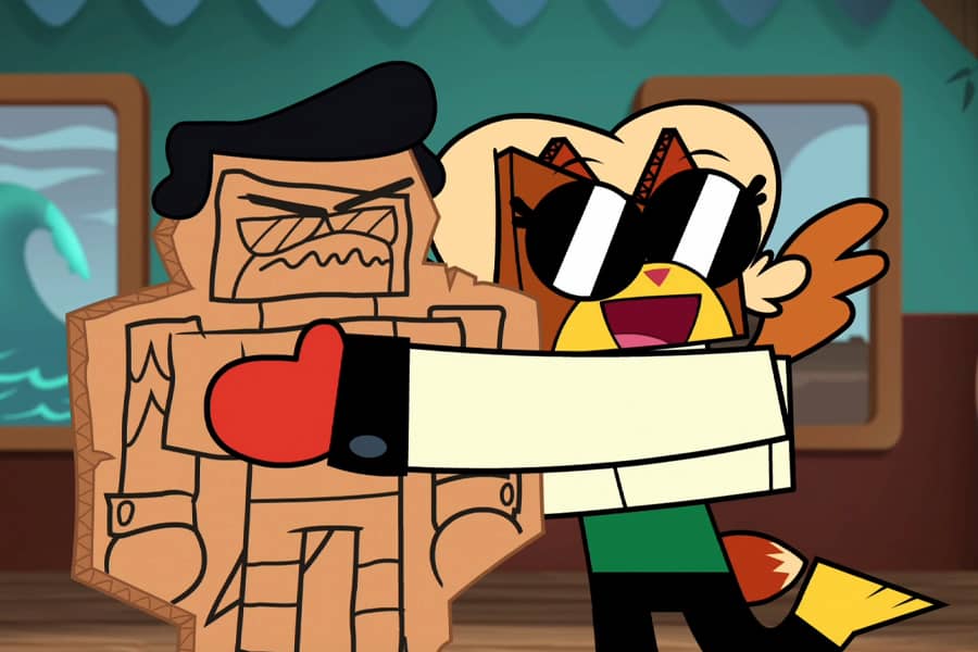 Hawkodile dressed as a woman, Professor Not Fox, hugging a cardboard stand-in, Smooth Jerkerson