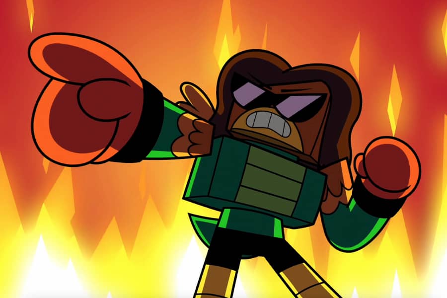 Hawkodile pointing, angry, surrounded by fire