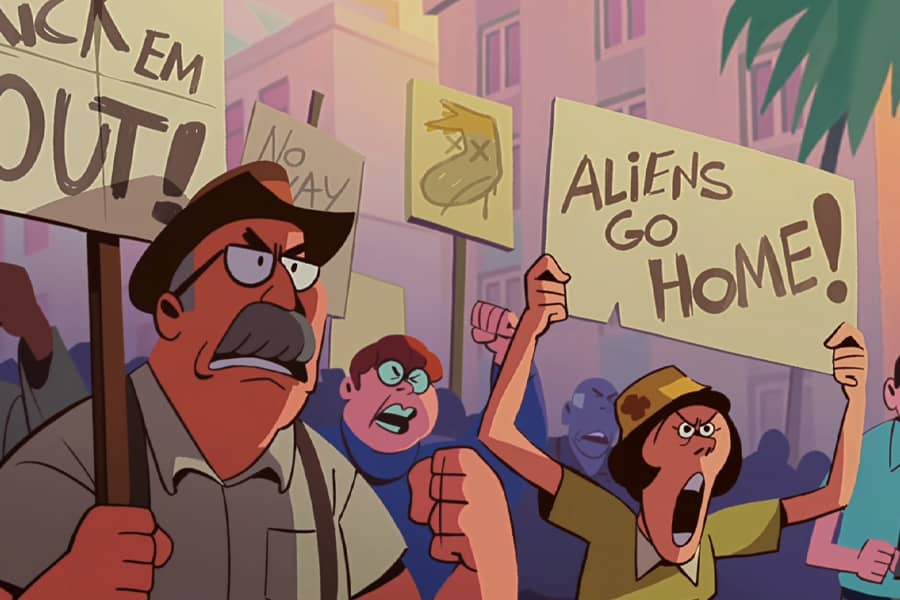 a mob of protestors holding signs that say, “Aliens go home!”