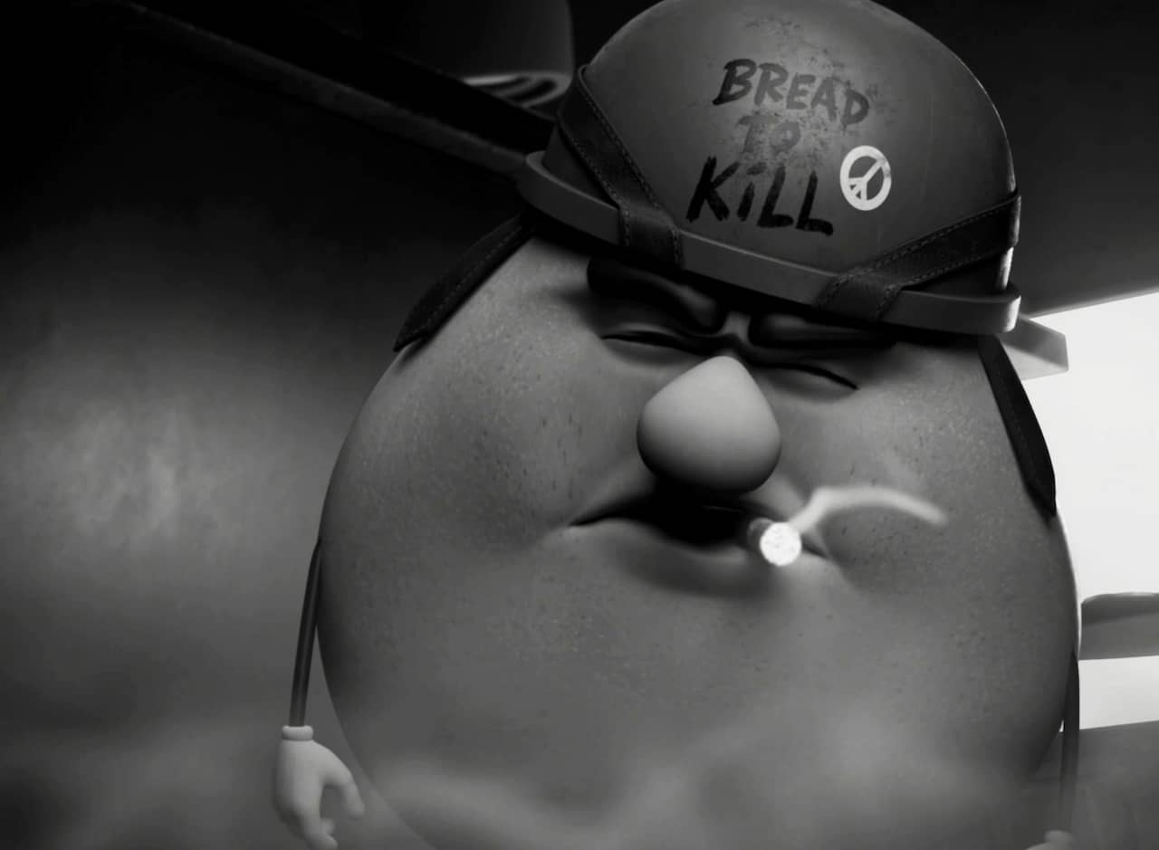 black and white: a bagel smoking a cigarette and wearing a war helmet that says “bread to kill” with a peace sign