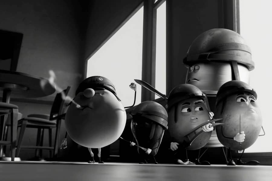 bagel leads a group of food into a cafe, they are wearing makeshift war gear and holding weapons