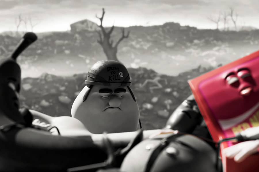 bagel looks upon a pile of food in a wasteland, a juicebox is red against the black and white scene