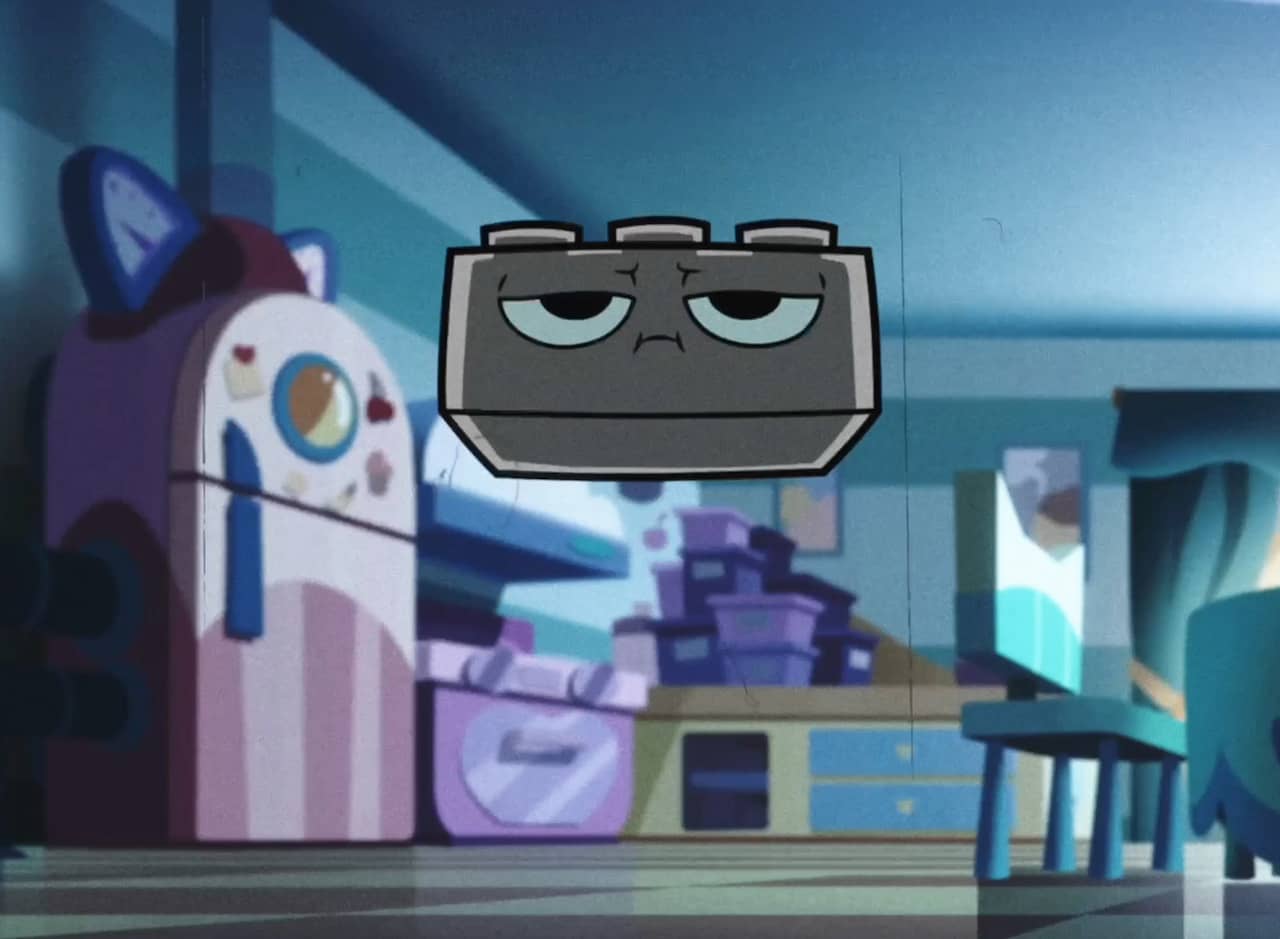 Rick, a grey LEGO brick, floating in a dim kitchen