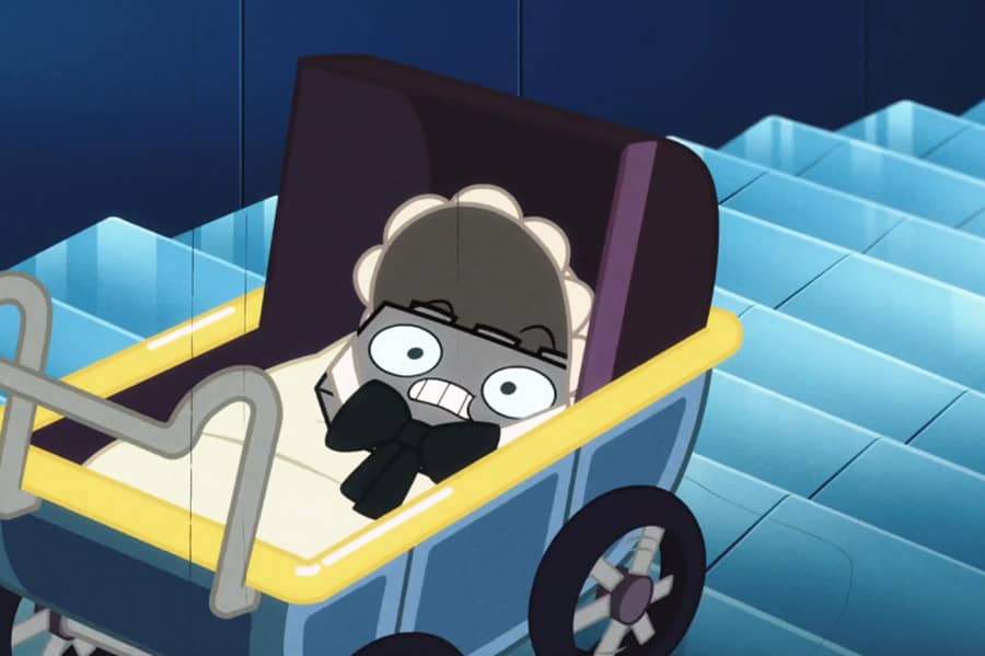 Rick as a baby in a stroller rolling down a flight of stairs