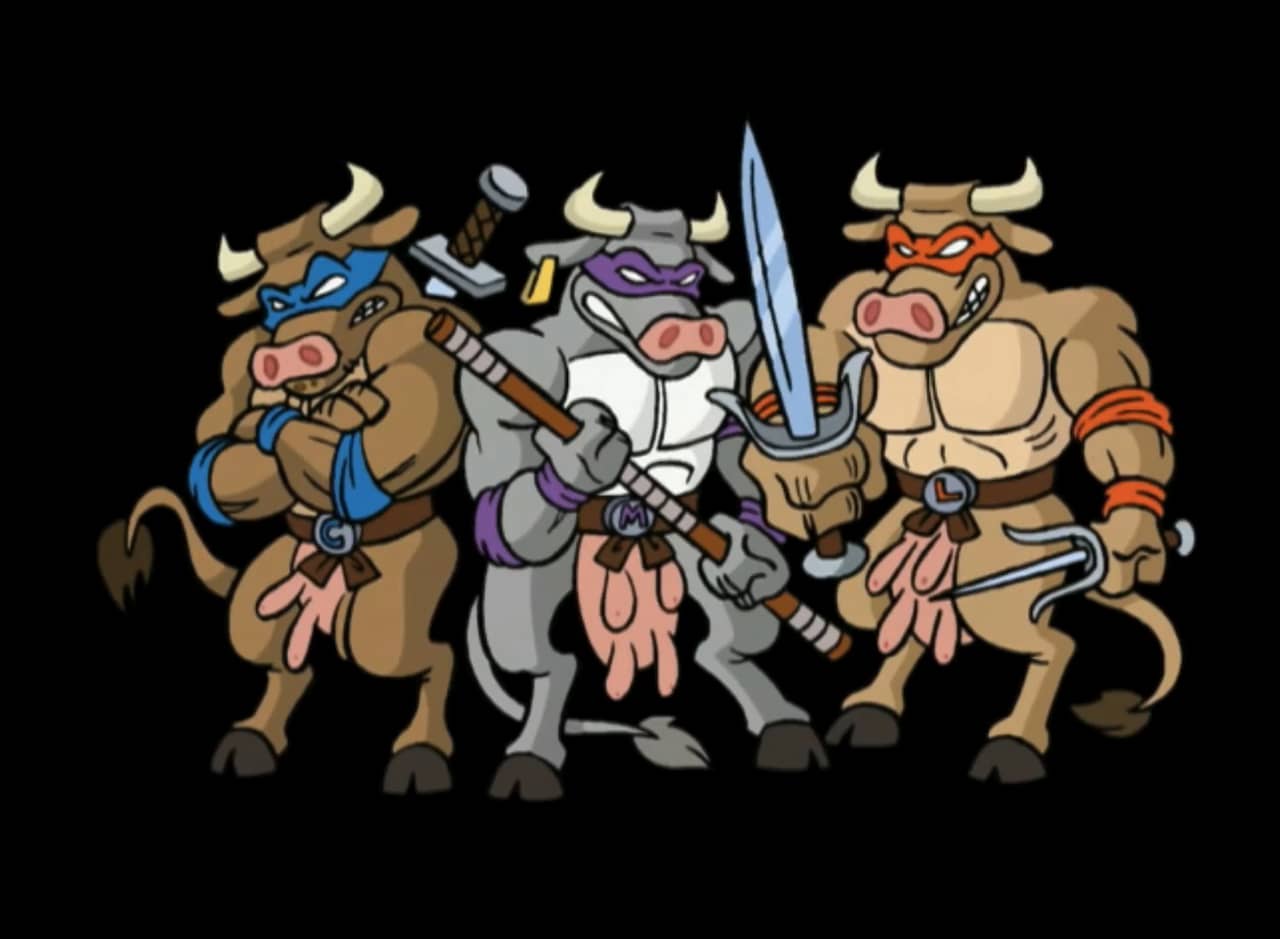 three tough cows with colored face masks and karate weapons