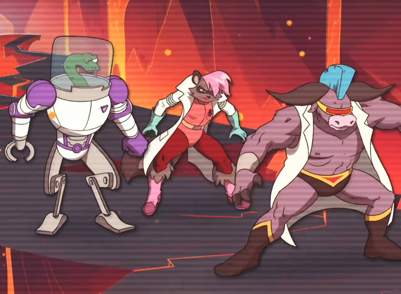 Thinkoon, a raccoon with pink hair, Buffalobe, a buffalo with a mohawk, and Smartaconda, part snake part robot