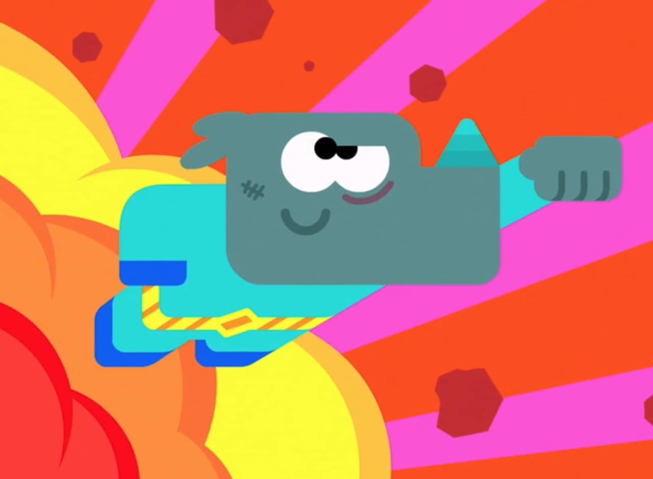 Agent R.H.I.N.O flying through the sky as an explosion happens behind him