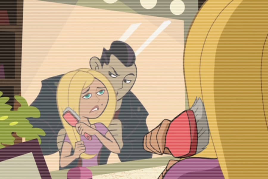 Charity brushing her hair in the mirror while Danny leans in